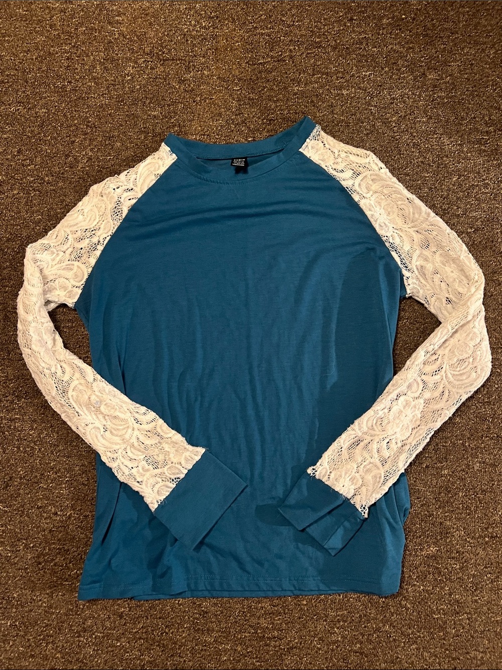 Forever 21 Teal Long Sleeve Top with White Lace Sleeves